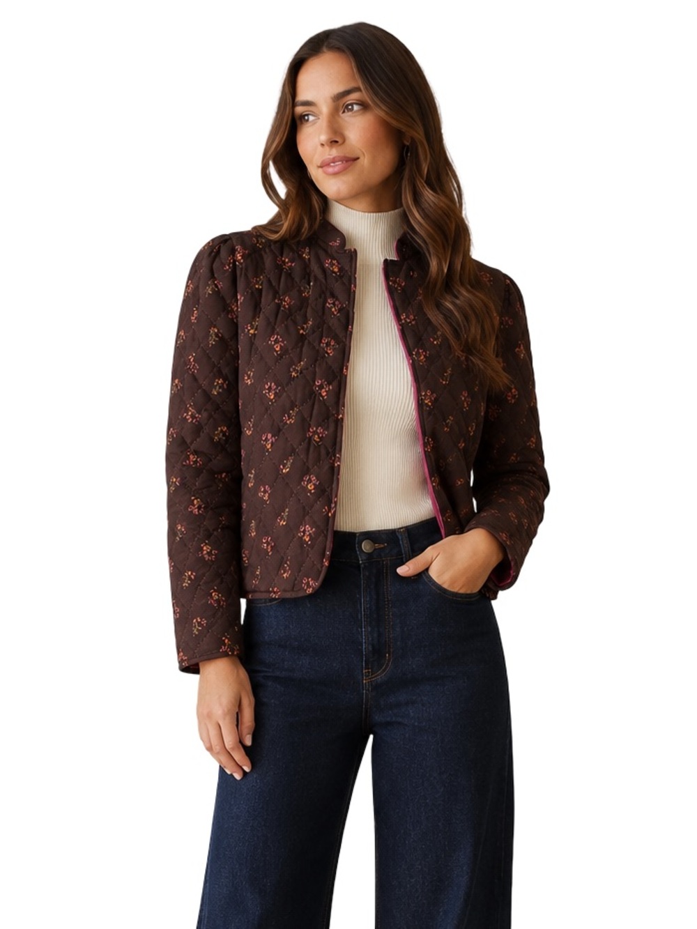 Something Navy Brown Floral Quilted Jacket Size Large Reversible Cottagecore